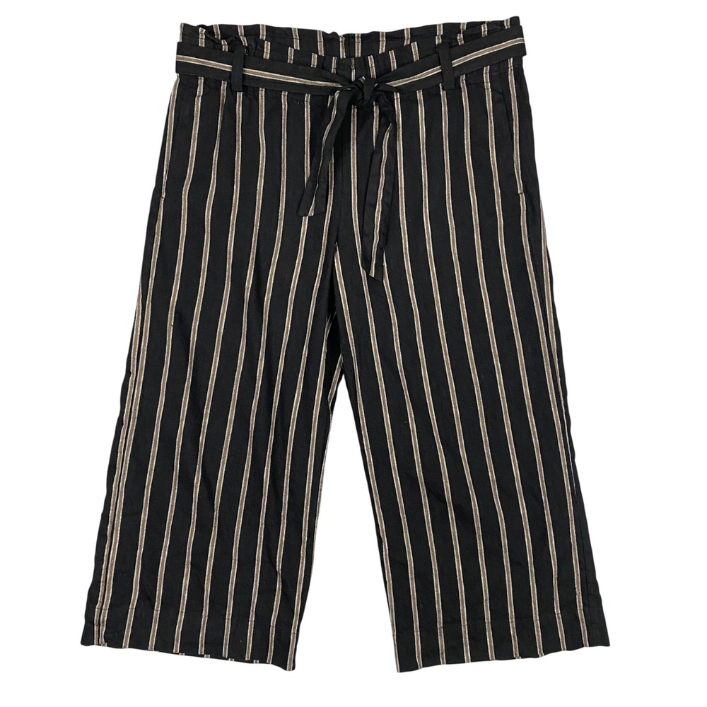 J. Jill Linen Stretch Striped Paperbag Waist Wide Leg Crop Pants Womens L Black